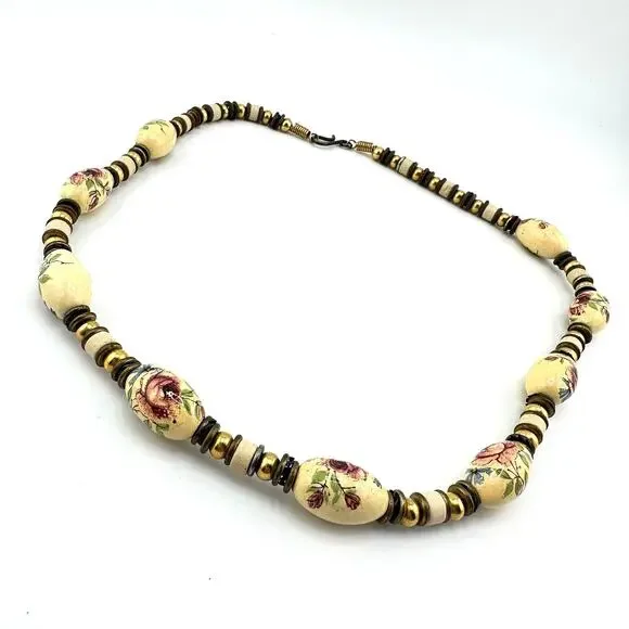 Vintage Glass Rose Transfer Gold Tone Beaded Romantic Sweet 20” Necklace - Picture 4 of 6